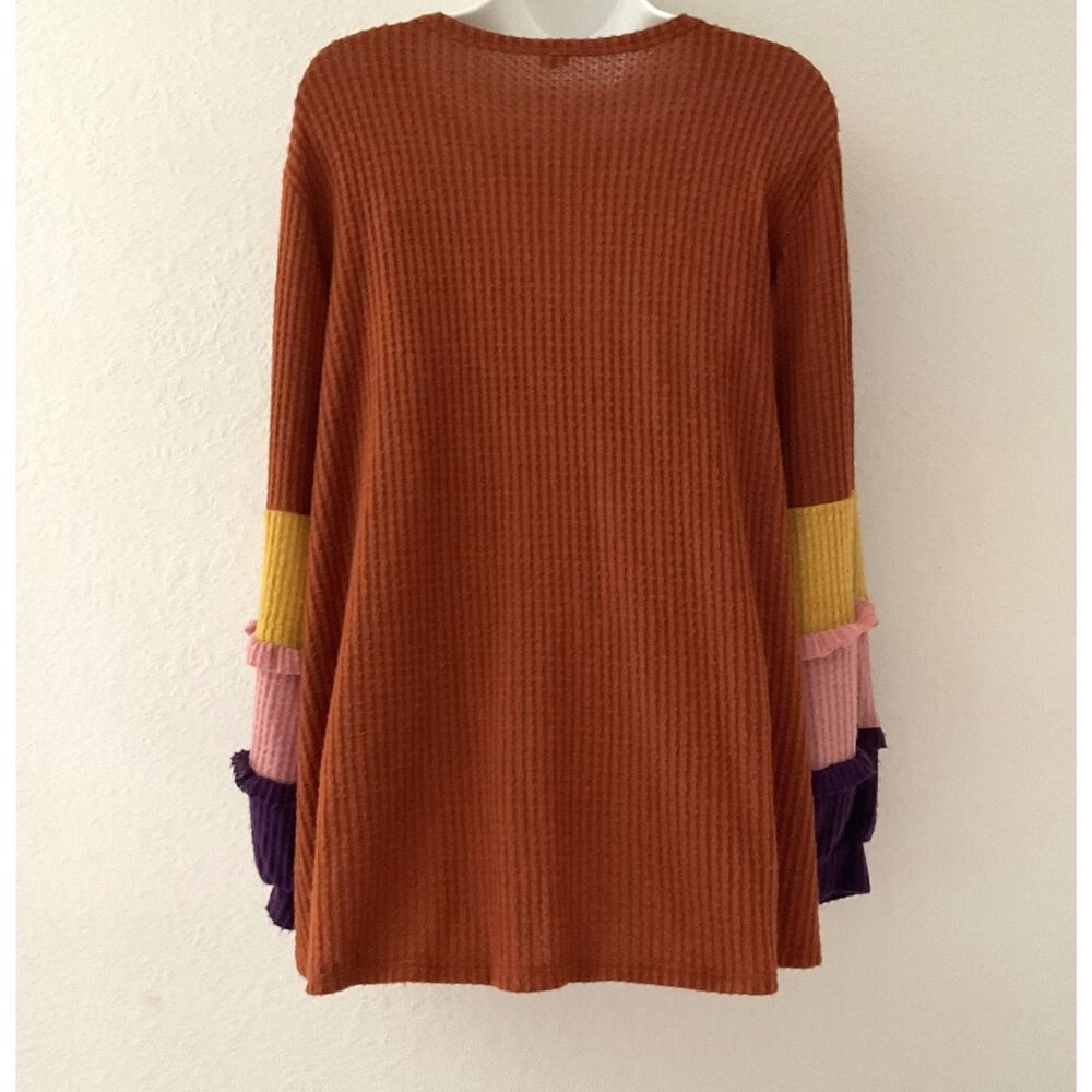 CY Fashion Colorblock Ruffle Sleeve Top Rust Large - Picture 5 of 9
